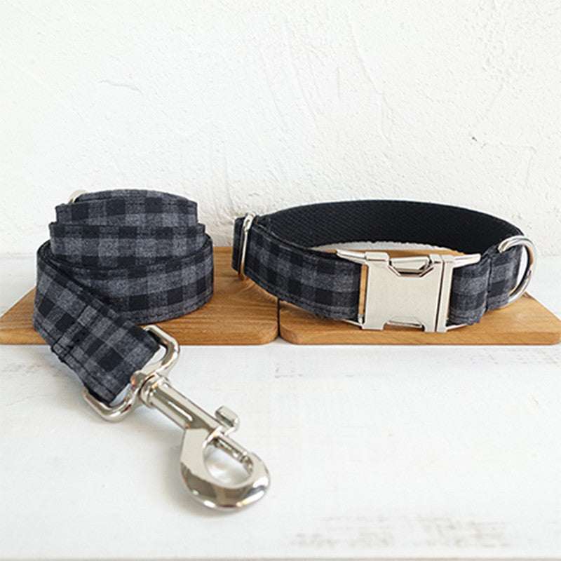 Black checkered polyester pet leash training collar and leash set with metal clasp and buckle