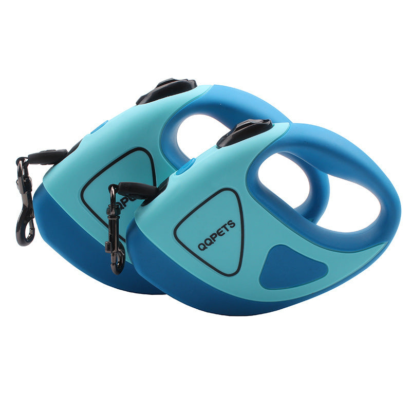 Blue automatic retractable fiber dog leash with ergonomic anti-slip handle and durable nylon braid