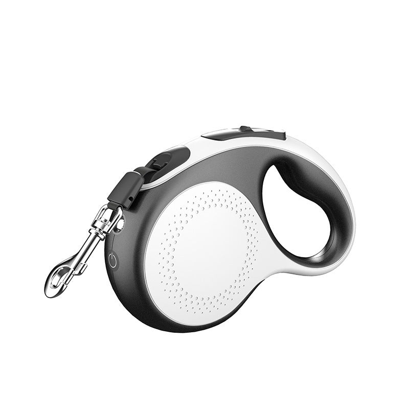 Compact black and white pet automatic retractable leash with ergonomic handle and metal clip