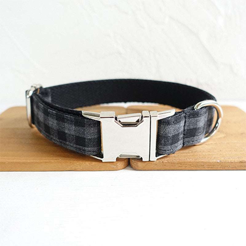 Adjustable black plaid polyester dog collar for pet leash training