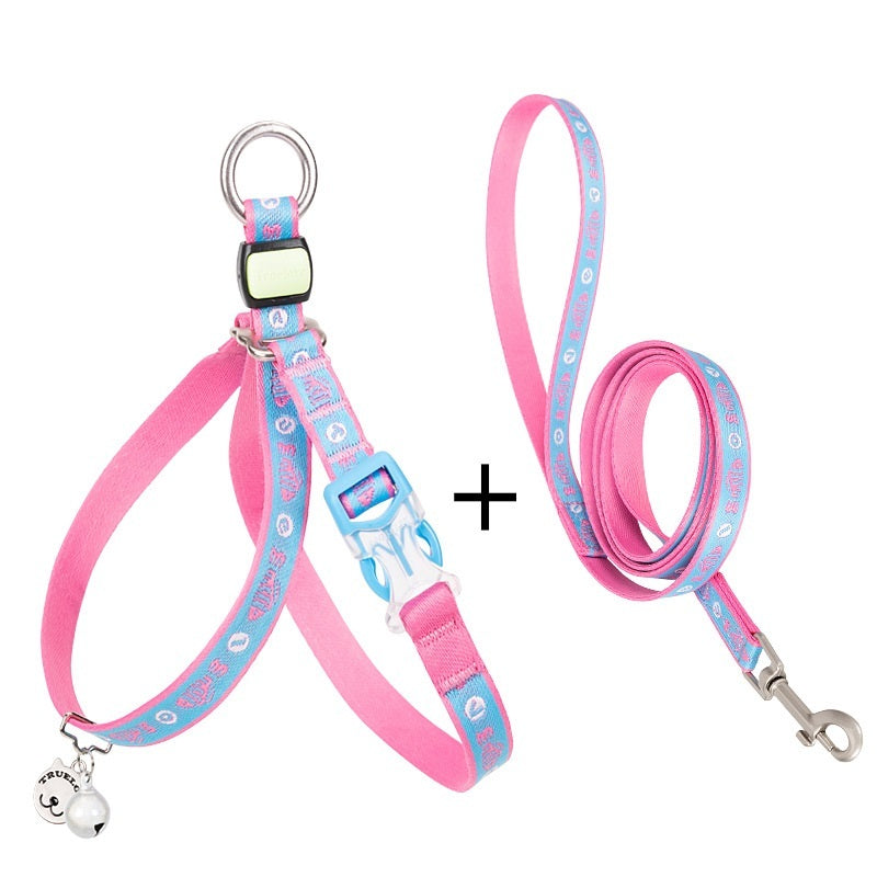 Pink pet dog teddy leash with adjustable polyester jacquard mesh belt and matching traction rope