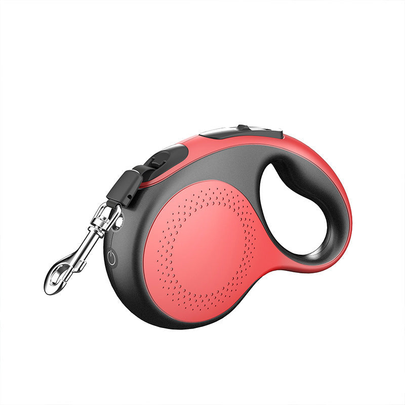 Red and black pet automatic retractable leash with ergonomic handle and metal clip