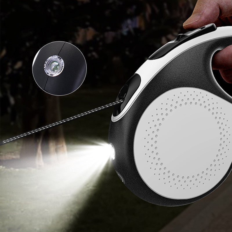 Black and white pet automatic retractable leash with built-in LED flashlight for nighttime walking